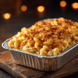 air fryer mac and cheese in foil container