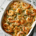 Full pan of spicy shrimp mac and cheese bake