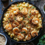 Spicy Shrimp Mac and Cheese Bake in cast iron pan