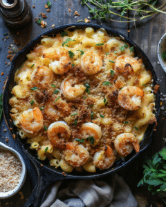 Spicy Shrimp Mac and Cheese Bake in cast iron pan