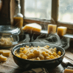 miso mac and cheese in rustic kitchen