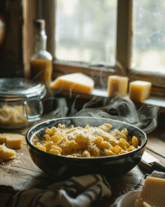 miso mac and cheese in rustic kitchen