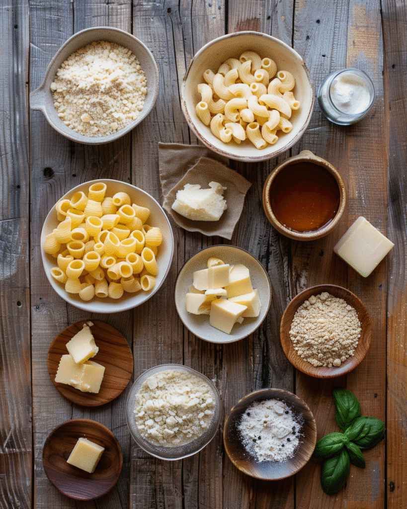 miso mac and cheese ingredients flat lay