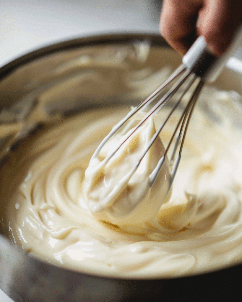whisking miso into cheese sauce
