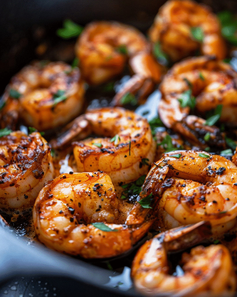 Cajun-spiced shrimp searing for mac and cheese