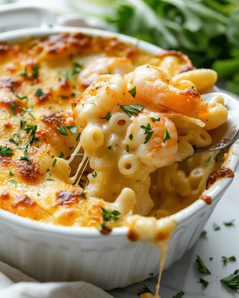 Serving of spicy shrimp mac and cheese bake in a bowl